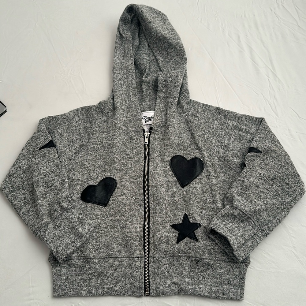 Random Hearts heather gray Hacci black leather star and heart full zip hoodie
